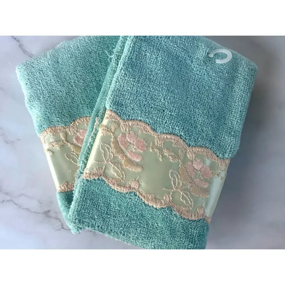 Vintage 1980s After Bath Luxury 4 Pc Towel Set Seafoam Floral Satin NOS